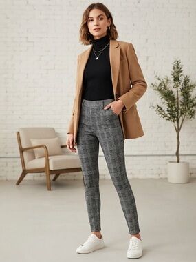 NWT Amazon Essentials Pull-On Skinny Pants Black White Glen Plaid Size M